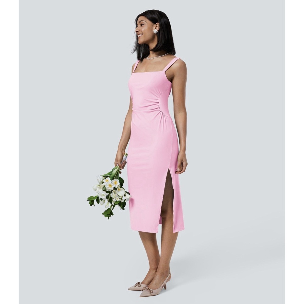 HALARA SoftlyZero Airy Square Neck Ruched Midi Cool Touch Dress Pink XL NWT